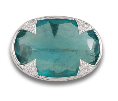 BROCHE-COLGANTE EN ORO BLANCO CON PIEDRA AZUL Y DIAMANTES