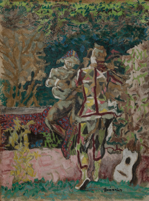  ESCUELA ESPAÑOLA, "Pierrots en el jarín", Gouache sobre pa