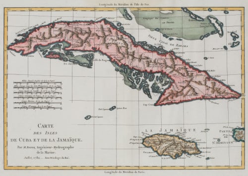 RIGOBERT  BONNE, "Mapa de Cuba y Jamaica", Grabado coloread