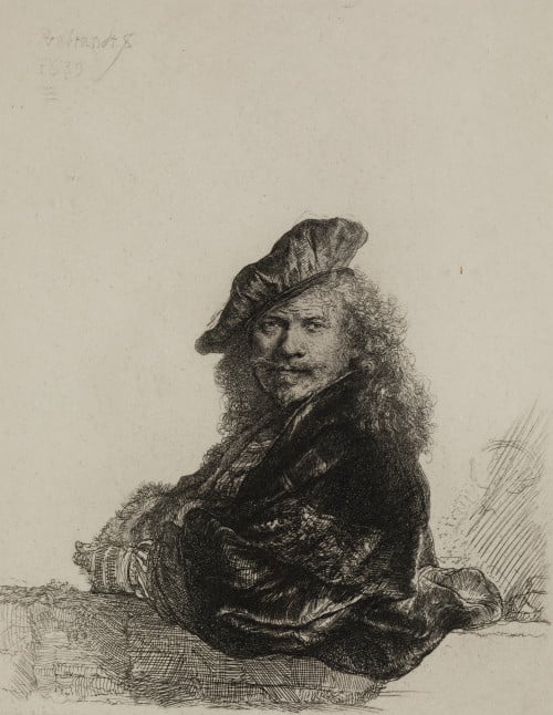 REMBRANDT HARMENSZ VAN RYJN, "Autorretrato, apoyado en un p