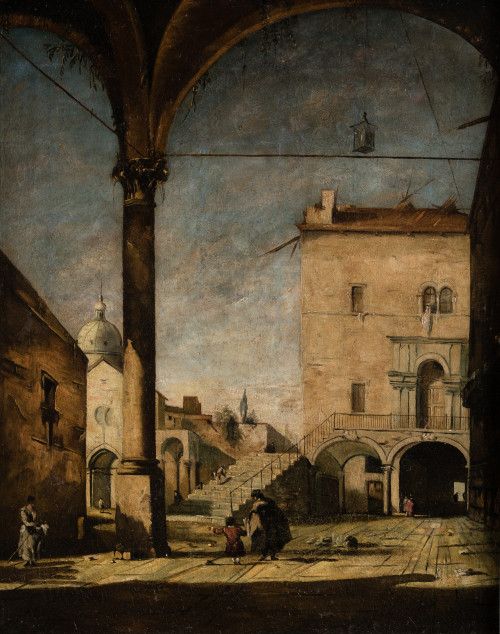 SEGUIDOR DE FRANCESCO GUARDI, "Pórtico veneciano", Óleo sob