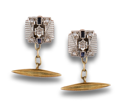 CUFFLINKS, ART DECO STYLE, WITH DIAMONDS AND SYNTHETIC SAPP