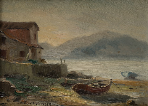 ESCUELA ESPAÑOLA, "Rincón marinero", Óleo sobre tabla