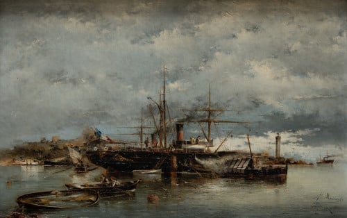 BENITO LLEONART Y SENENT, "Barcos en la bahia", 1883, Óleo 