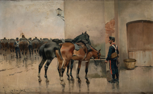 JOSÉ CUSACHS Y CUSACHS, "Soldado abrevando a unos caballos"