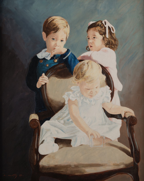 R. NUÑEZ, "Retrato de niños", Óleo sobre lienzo