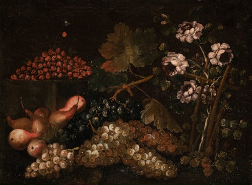  ESCUELA ITALIANA, "Bodegones con frutas y flores", Pareja 