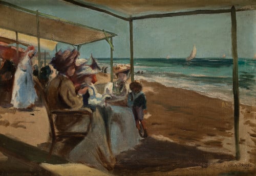 JULIO  VILA Y PRADES, "Familias en la playa", 1908, Óleo so