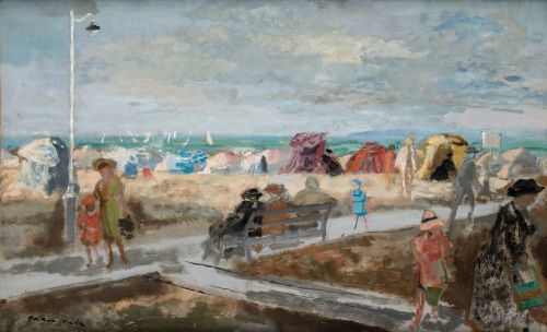 EMILIO GRAU SALA, "Playa de Trouville", 1953, Óleo sobre li