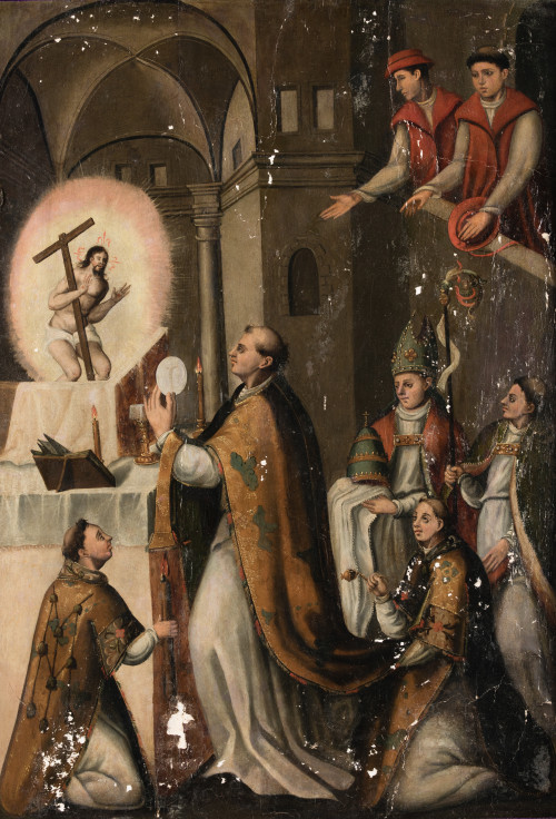 ESCUELA CASTELLANA , "Misa de san Gregorio", Óleo sobre tab