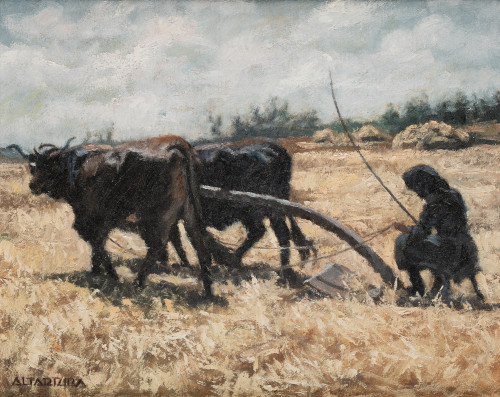 SALVADOR ALTARRIBA, "Campesina trillando con bueyes", Óleo 