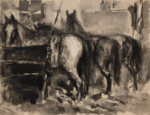 JOSÉ LUIS REY VILA,  "Caballos en el establo", 1952, Agua