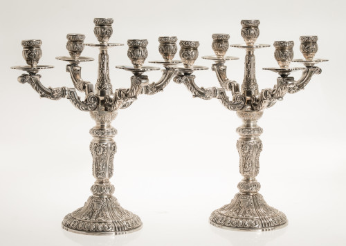 Pareja de candelabros de plata Ley 916, Balindez, S. XX