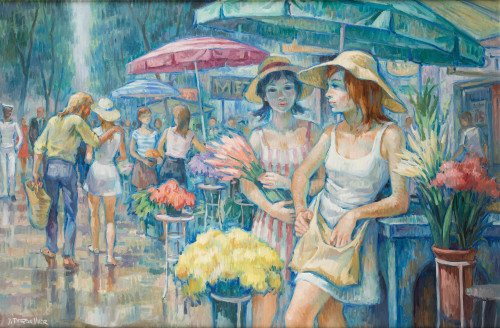 JOAN TORRAS VIVER, "Rambla de las flores", Óleo sobre lienz