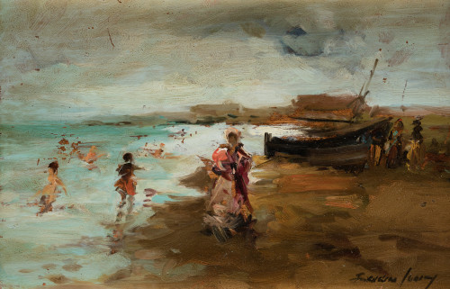 FRANCISCO SUÁREZ, "Escena de playa", Óleo sobre tabla