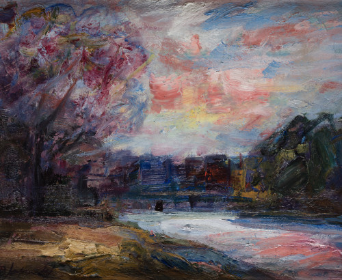  ESCUELA ESPAÑOLA, "Paisaje al atardecer", Óleo sobre lienzo