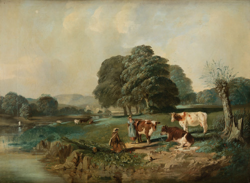 HENRY CHARLES  WOOLLETT, "Paisaje con vacas y campesinos",