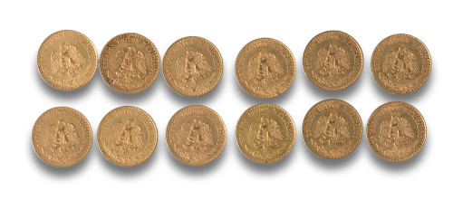 12 MONEDAS DE ORO DE 2 PESOS MEXICANOS