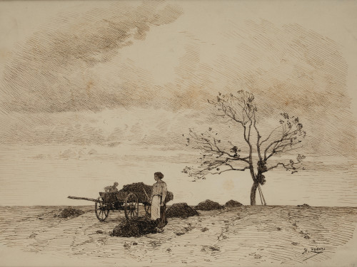 HENRI ZUBER, "Campesinos en paisaje", Plumilla sobre papel