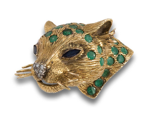 BROCHE TIGRE, AÑOS 70, DE ESMERALDAS, DIAMANTES Y ZAFIROS, 