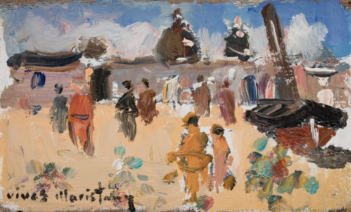 VIVES  MARISTANY, "Playa urbana", Óleo sobre tabla