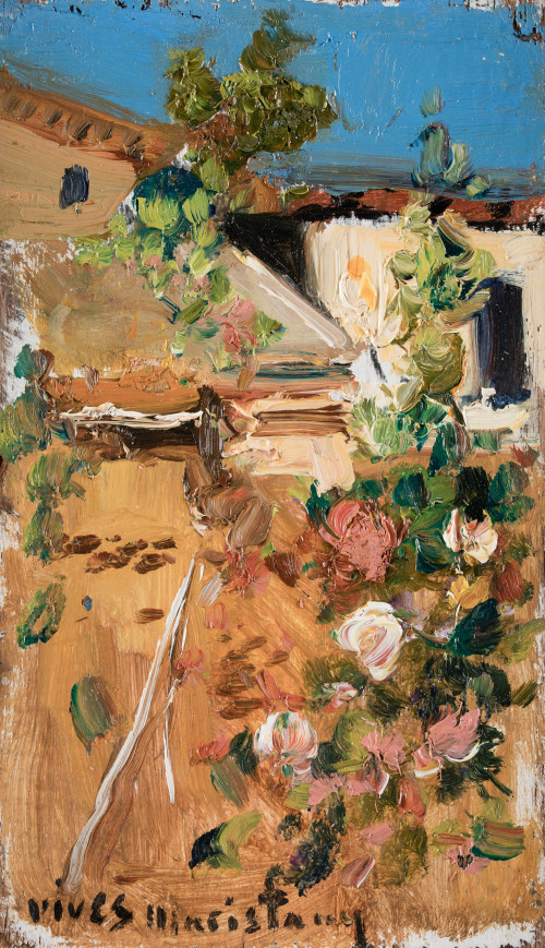 VIVES  MARISTANY, "Flores y casas", Óleo sobre tabla