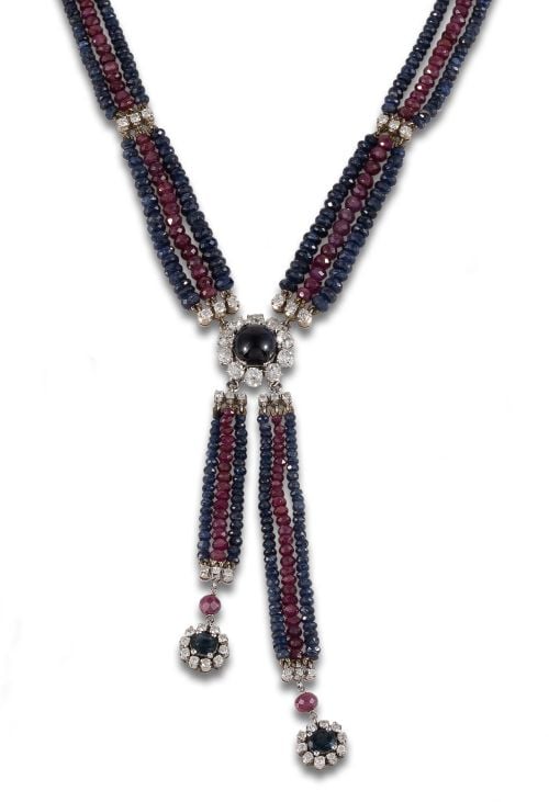 CHIEN NECKLACE IN GOLD, PLATINUM, DIAMONDS, RUBIES AND SAPP