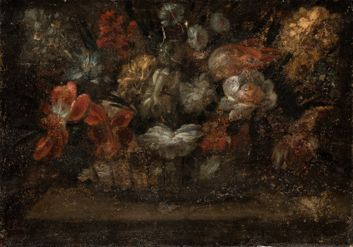 ESCUELA ESPAÑOLA, "Cesto con flores", Óleo sobre lienzo