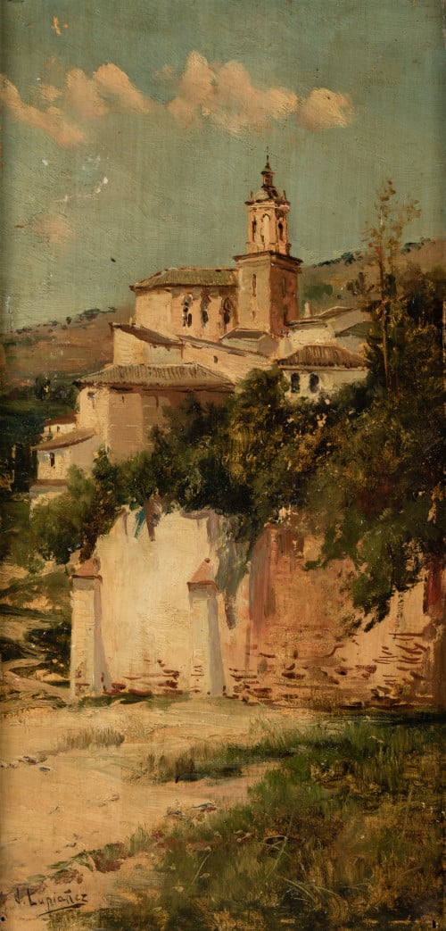 JOSÉ LUPIÁÑEZ Y CARRASCO, “Pueblo”, Óleo sobre tabla