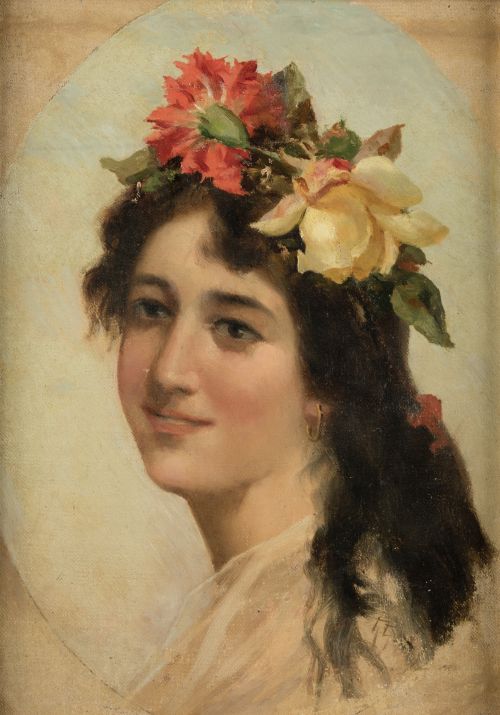 GUILLERMO GÓMEZ GIL, "Joven con tocado de flores", Óleo sob