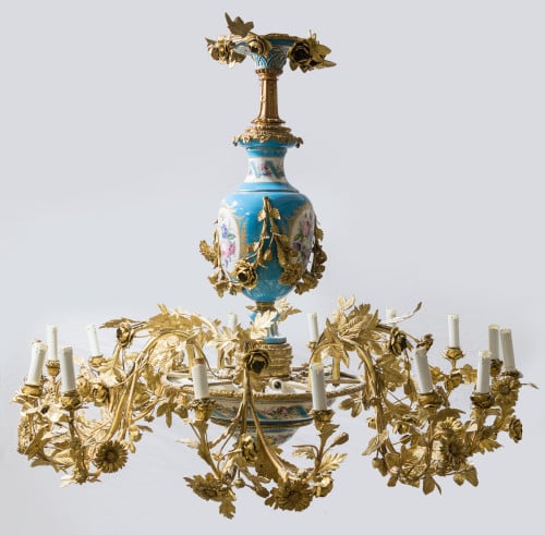 Lámpara de techo de porcelana y bronce dorado, Francia, S.X