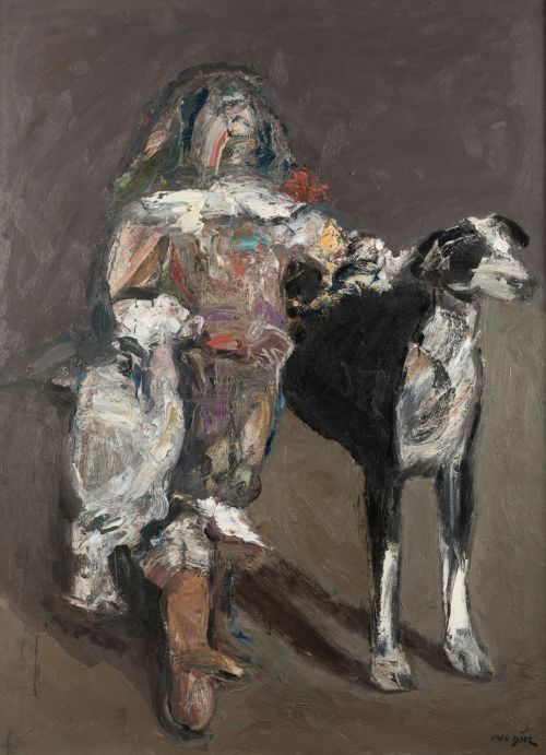 JOSE DIAZ, "Enano con perro. Serie velazqueña.", Óleo sobre