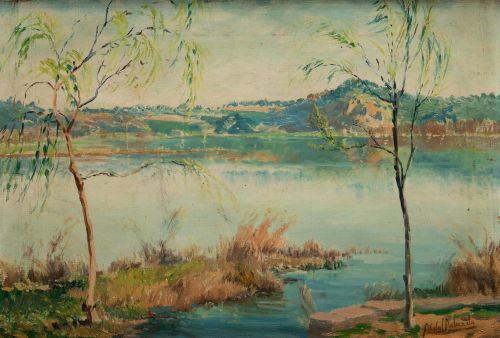 FRANCISCO VIDAL PALMADA, "Paisaje junto a un lago", Óleo so