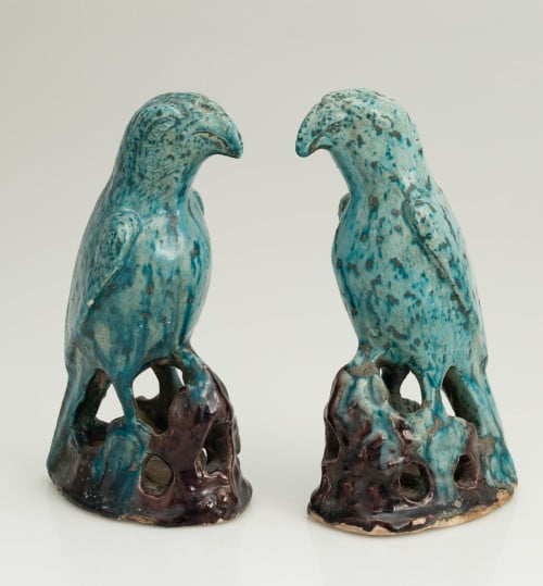 "Birds", pair of blue and brown glazed ceramic figures, pos