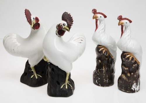 "Roosters", pair of Chinese figures, 20th century