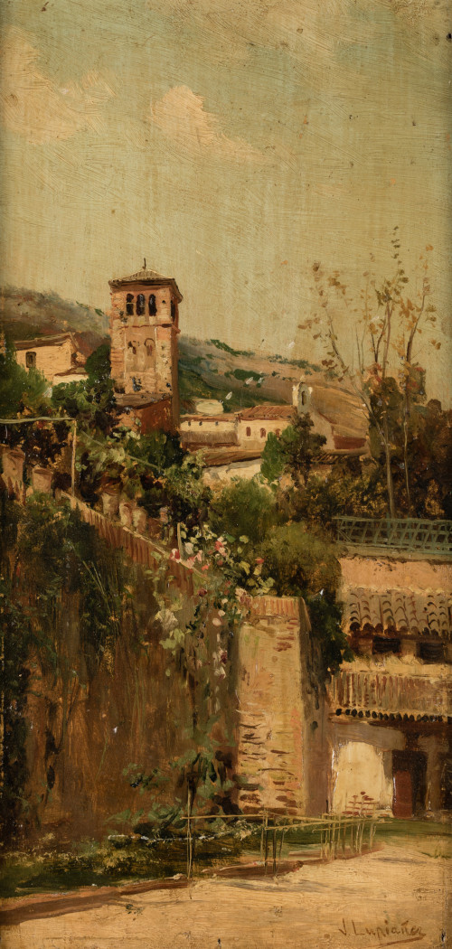 JOSÉ LUPIÁÑEZ Y CARRASCO, “Pueblo”, Óleo sobre tabla