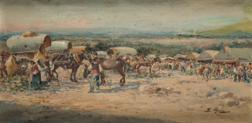 ENRIQUE MARÍN SEVILLA, "Feria en el campo", Óleo sobre lien