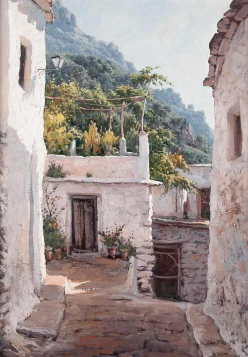 ALFONSO PARRAS VILCHEZ, "Callejón de pueblo", Óleo sobre li