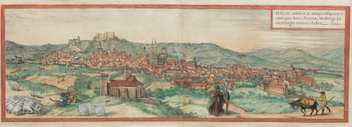 FRANS HOGENBERG, "Burgos", Grabado al cobre coloreado a m