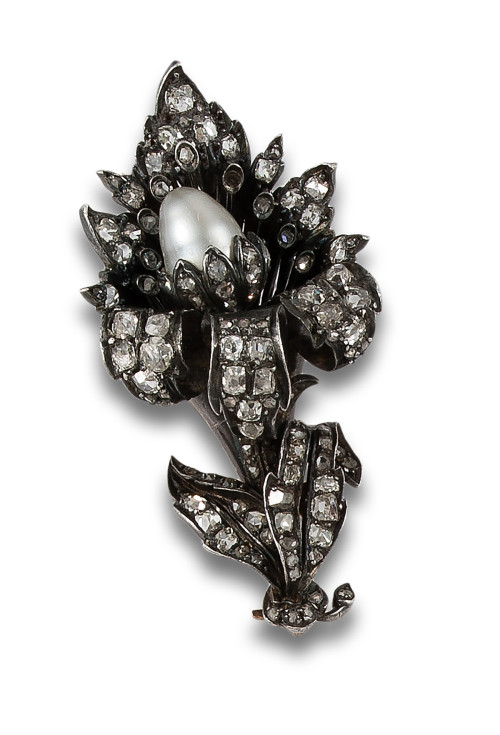 BROCHE TREMBLANT, CA. 1800, EN PLATA Y DIAMANTES