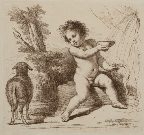 FRANCESCO BARTOLOZZI, "Niño con oveja", Grabado