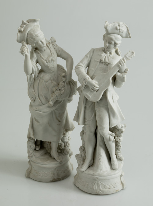 "Baile" pair of 18th century biscuit figures, 20th century