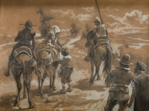 JOSÉ JIMÉNEZ ARANDA, "Escena del Quijote", Aguada y gouache