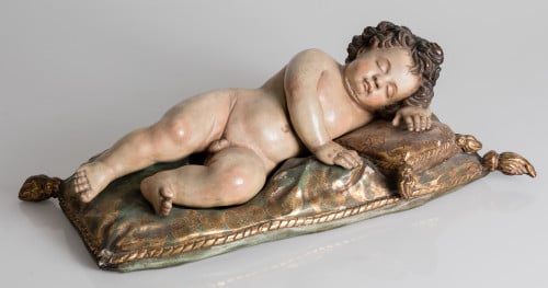 ESCUELA ESPAÑOLA, "Niño Jesús dormido", Escultura en madera