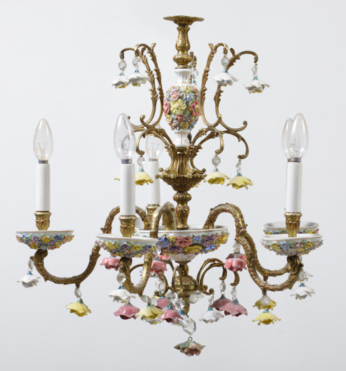 Metal and porcelain ceiling lamp, Spain, 20th century