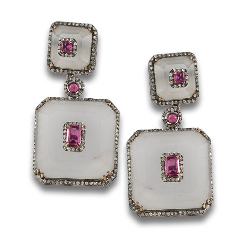 PENDIENTES EN ORO Y PLATA CON CRISTAL DE ROSA CON DIAMANTES