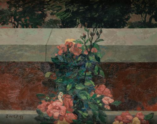 ANTONIO ZARCO, "Flores asomándose", 1991, Óleo sobre lienzo