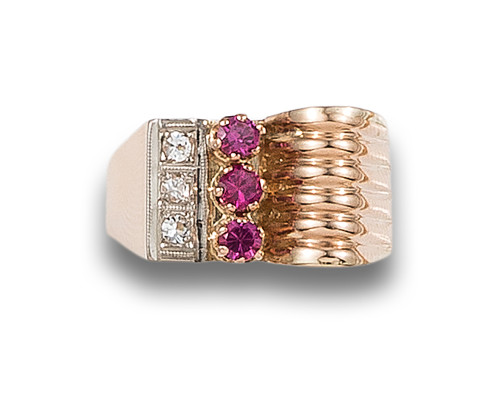 RING, CHEVALIER STYLE, WITH SYNTHETIC RUBIES AND ZIRCONIAS,