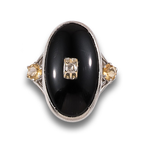 OLD STYLE COCKTAIL RING WITH DIAMOND, TOPAZ AND ONYX, IN PL