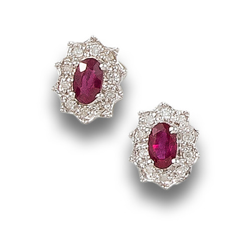 RUBY AND DIAMONDS ROSETTE EARRINGS, IN WHITE GOLD